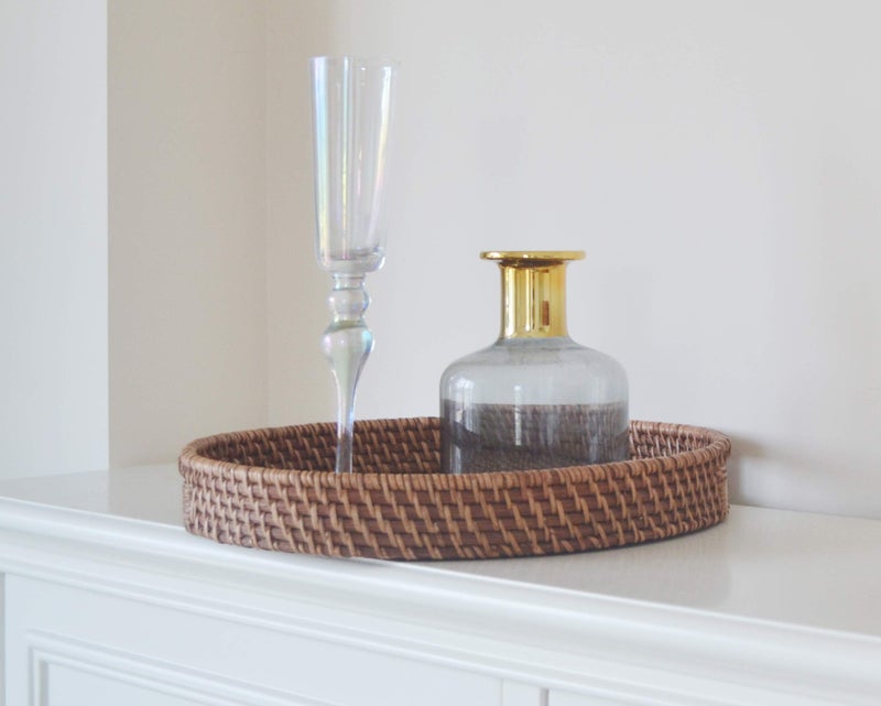 DECRAFTS Round Rattan Woven Serving Tray with Handles Ottoman Tray for Breakfast, Drinks, Snack for Coffee Table, Home Decorative (11"x1.6", Honey Brown) - Image 5
